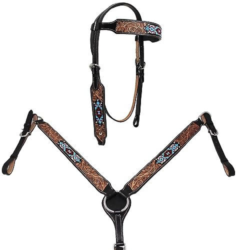 CHALLENGER Reithalfter Westernhalfter Western-Leder Antik Floral Tooled Leder Perlen Zaumzeug Brust Kragen Tack 79FK08