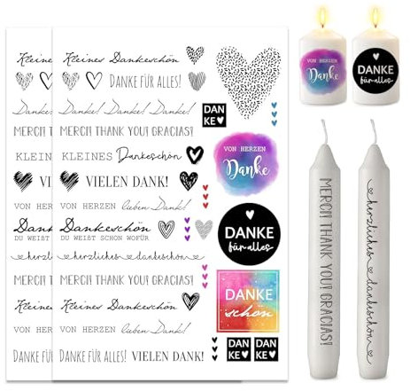ALLAVA 2 Stück Kerzentattoos Danke A4, Kerzentatoo Danke, Wasserschiebefolie Kerzen, Kerzensticker Kerzenfolie für Kerze Tasse DIY Geschenk, Kerzen Dekorieren, Kerzensprüche