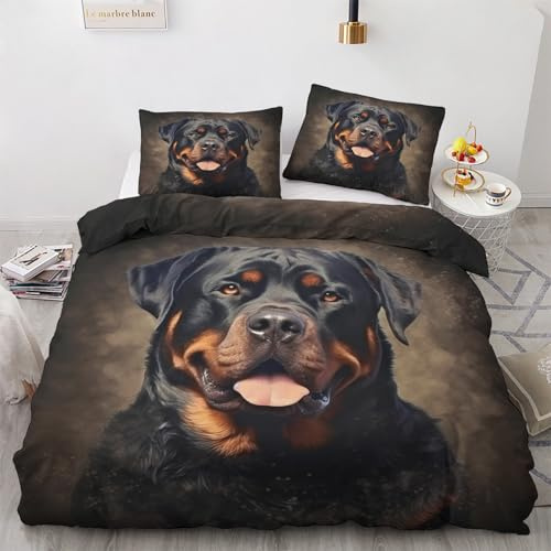 GEDAEUBA Winter Bettwäsche 135x200 Rottweiler - Hunde Bettbezug 135 x 200 2er Set, Wendebettwäsche und Kissenbezug 80x80, Weiche & Angenehme & Warme Mikrofaser Bettwäsche-Sets mit Reißverschluss