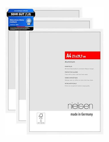 nielsen Bilderrahmen, 21 x 29,7 cm (A4) (3er Set), Aluminium, Weiß matt, Dokumentenrahmen zum Aufhängen im Hoch- & Querformat, bruchsicheres Kunstglas, Atlanta