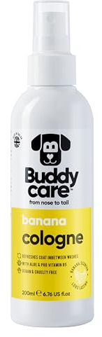 Buddycare Hunde-Kölnischwasser - Banane - Fruchtig und kühn duftendes Hunde-Kölnischwasser - Erfrischt zwischen den Hundebädern - Mit Aloe Vera und Pro-Vitamin B5 (200 ml, 1 Stück)