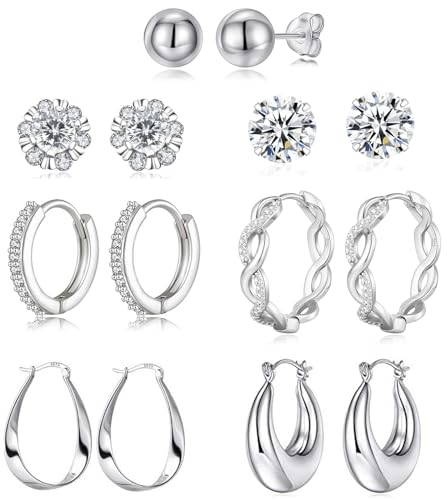 Ohrringe Set, 7 Paar Ohrstecker Silber 925 Creolen Ohrring für Damen, Ohrringe Damen Hypoallergen Cubic Zirkonia Ohrstecker Set für Mehrere Piercings