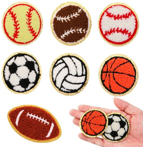 GOKEPO 7 Pcs Sports Themed Patch Chenille Iron On Patch Ball Embroidered Patch Basketball Football Baseball Rugby Applique Gold Edges Patches for DIY Craft Decoration Clothing Repair Jackets Sewing