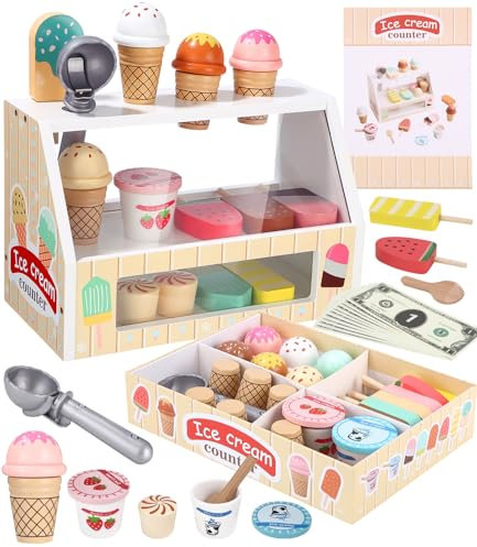 Toaren Juguete de Madera para Niños,Heladería de Madera,Tienda de Helados Accesorios de Cocina,Juego de imitación,Juguete Montessori, para Niñas Niños 3 Anos y más