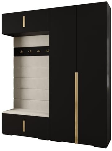 MEBLE KRYSPOL Inova 1 Möbelset - Moderne Garderobe - für Schlafzimmer, Wohnzimmer, Flur, Kinderzimmer - Ankleidemöbel - 236,7x200x47cm - Schwarz, Paneele Manila 02, Handgriff Gold