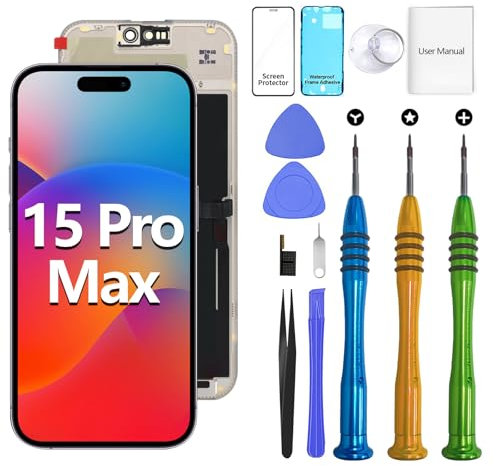 ATEVENSE Geeignet für iPhone 15 Pro Max Bildschirm-Ersatzkit 6,7 LCD Display 3D Touch IPS FHD COF Vollständige Baugruppe Edelstahl-Reparatursets Wasserdichter Rahmenaufkleber + Displayschutzfolie