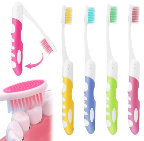 Reise Zahnbürste 4 Stück,Reisezahnbürste Klappbar,Reisezahnbürste Set,Mini Zahnbürste to go,Weiche Borsten Zahnbürste,Reisezahnbürste für Reisen Camping (Grün Rosa Blau Gelb)