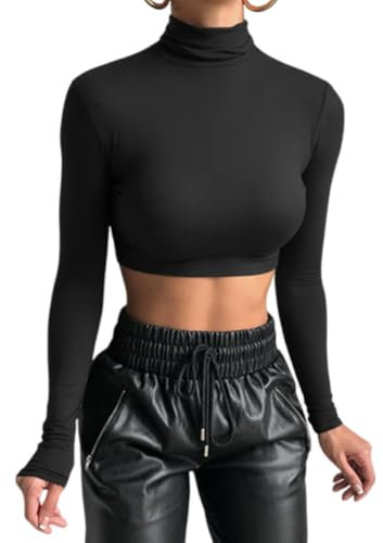 SamHeng Women's Long Sleeve Turtleneck Tops, Slim Fit Mock Neck Tops Crop Tops, Solid Color Basic Blouse Tee Tops Base Layer Pullover Shirts Casual Stretch Fitted T-Shirts Streetwear (Black-L)