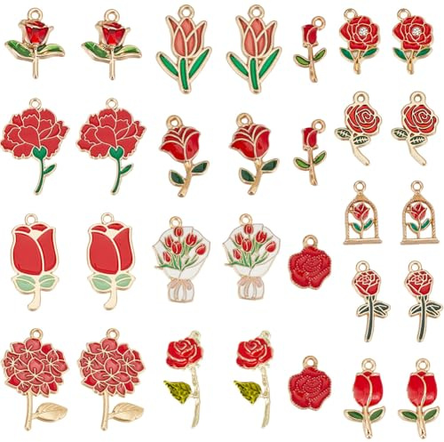 SUNNYCLUE 1 scatola 30 pezzi 15 stili Ciondolo Smalto Rosso Ciondolo Rosa Ciondolo Lega Sfusa Carino Fiore Primaverile Ciondolo per San valentinos per La Creazione di Gioielli Ciondolo Fai Da Te Colla