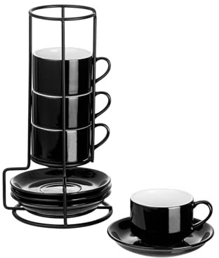 YOLIFE 2.5oz Porcelain Stackable Espresso Cups with Saucers and Metal Stand Set of 4-Black