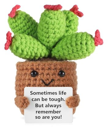 Emotional Support Gift, Handmade Positive Cactus Emotional Support Plant Doll with Positive Card for Family Friends, Inspirational Plush Plant Crochet Gifts for Home Decor Desk Accessories