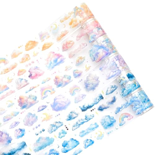 GORGECRAFT 6 Rolle 6 Stile Wolken PET Klebeband Washi Masking Klebeband Selbstklebend Dekoratives Himmel Scrapbook Klebeband Für Scrapbooking Alben Tagebücher Junk Journals Planer Geschenkverpackungen