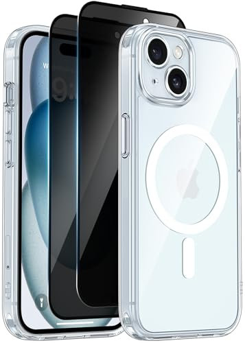 Helssitot Magnetisch Handyhülle Kompatibel mit iPhone 15 Hülle Kompatibel mit MagSafe mit 2 Stück Sichtschutz Schutzfolie, [Nie Vergilbung] Hard PC Kratzfest Stoßfest Schutzhülle Durchsichtig Case