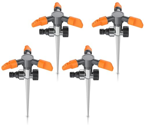 Brandson - 4 x Rasensprinkler 3 Fach mit Erdspieß – Rasensprenger 360 Grad - Flächenregner Sprühregner - Sprinkler mit 3 Arm – Einstellbarer Winkel 45° bis 90° - Reichweite bis zu 7m