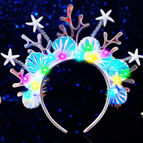 Floevl Serre-tête de sirène à LED avec perles et coquillages scintillants - Accessoire pour femme