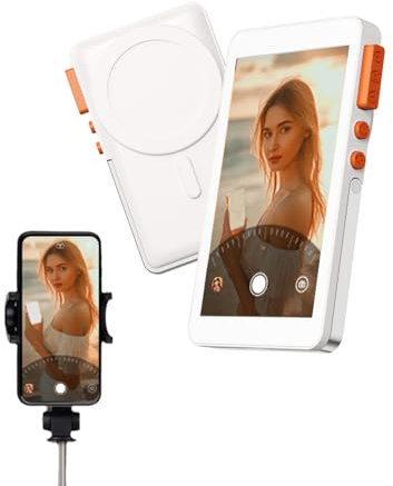 CatXQ Monitor Selfie para Cámara Trasera – HD Inalámbrico Magnético con Sincronización Audio, Ajuste Enfoque, Botón Selfie + Soporte ALU para iPhone/Android/TikTok/Instagram Live – Blanco