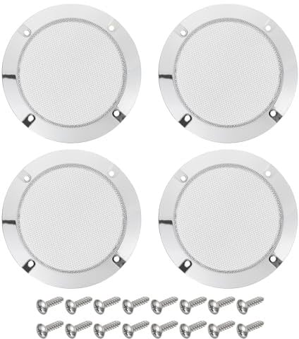 sourcing map 4 Pcs 4inch White Speaker Grill Mesh Metal Woofer Guard Protector Dust Cover Bright Silver Decorative Circle ABS Frame with Screws for Home Audio Car Speaker Replacement
