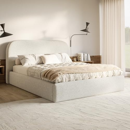 MOTIVENA Mono Bett 120x200 Beige Strukturstoff, mit Stauraum, mit Kopfteil, mit Lattenrost, ohne Füße, ohne Matratze, Polsterbett 120x200 mit Bettkasten Beige (Creme)