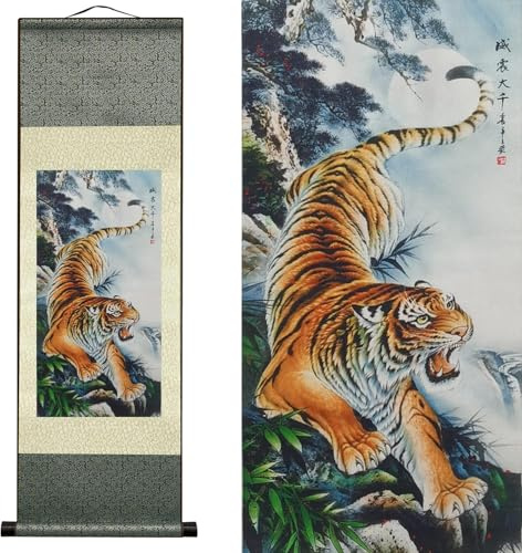 AtfArt Silk Scroll Painting, Asian Wall Decor, Tiger, 36.2x12in | Symbol of Power and Deterrence, Chinese Tiger Art Scroll for Living Room, Bedroom, Office Decor
