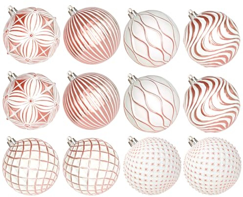 Lanpn 12 Pcs 10cm Bolas de Navidad Grandes, XXL Bola Árbol Navideñas Exterior, Esferas Navidad Inastillable de Relieve Patrón, Adornos Navideña Colgante para Hogar Jardines Patios, Oro Rosa & Blanco