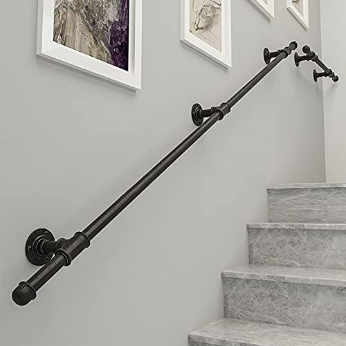 Black Stair Railing for Indoor & Outdoor Use - 390 cm Wall-Mounted Safety il Set with Wrought Iron Brackets & Metal Screws - Stair Safety Gate