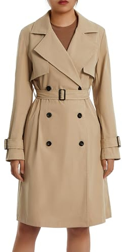 Anuedgis Women's Double Breasted Long Trench Coat Classic Lapel Belted Slim Windproof Overcoat with Belt Fall Going Out Windbreaker Outerwear (B-Khaki, S)
