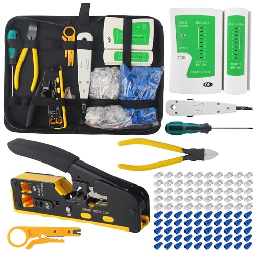 RJ45 Crimpzange Set für Cat5e Cat6 Cat6A, 50 Stecker mit Netzwerktester | Zum Schneiden, Abisolieren und Crimpen von RJ45, RJ11 und RJ12, mit Schutzhüllen, Tester und tragbarer Werkzeugtasche