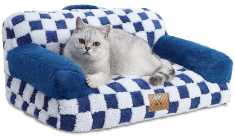 KSIIA Orthopädisches Katzenbett Flauschig 66x37cm, Abnehmbar Katzensofa Hundebett Waschbar, Hundesofa für Kleine Hunde mit Rutschfester Unterseite, Hundecouch mit Rückenlehne und Armlehnen, Blau