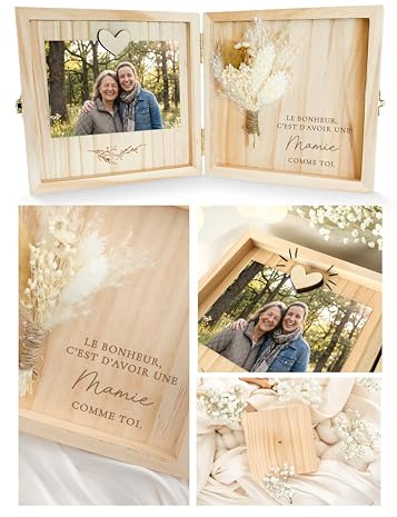 Joli Coon Coffret cadeau mamie en bois, 14 x 14 x 3 cm | Vraies fleurs séchées, emplacement photo avec aimant en cœur, gravure intérieure, fermoir métallique, prêt à offrir