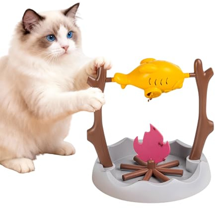 Katzen-Leckerli-Spender – Drehbarer Braten & Flamme, interaktiver Katzen-Leckerli-Spender, Spielzeug, interaktives Katzen-Puzzle-Futterspender Spielzeug für langsames Fresstraining, hält Haustiere