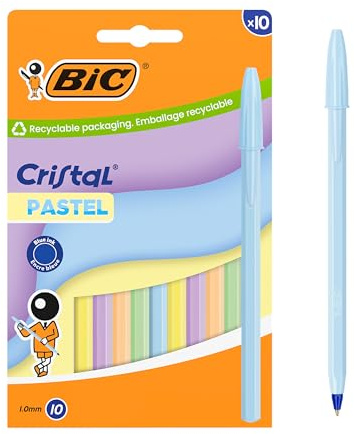 BIC Cristal Pastel Bolígrafos de Punta Media (1,00 mm) con Tinta Recargable Azul - Cuerpo de Colores Pastel Surtidos, Caja de 10