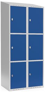 kaiserkraft | 3er-Schließfachschrank Fydor | 2 Abteile | lichtGrau/Enzianblau | B 800 mm | schräge Dachform | Vorhängeschloss