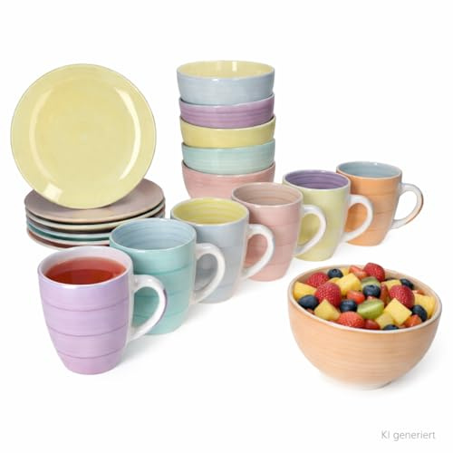 MamboCat Pastello 18tlg. Frühstücksset I 6 kleine Teller, 6 Kaffeebecher & 6 Müslischalen aus Steingut I bunte Pastell-Farben mit Strudel-Dekor I Geschirr-Set für 6 Personen