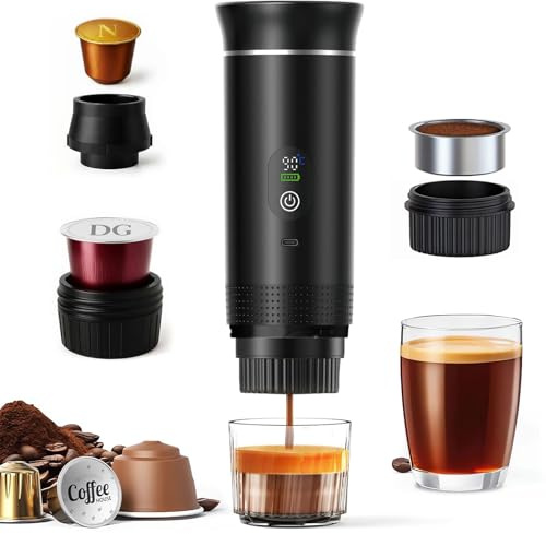 Macchina per Espresso Portatile 3 in 1, macchina per caffe a batteria per viaggi in campeggio, Compatibile con Capsule Nespresso, Dolce Gusto e Caffè Macinato, 20 Bar, Autoriscaldante