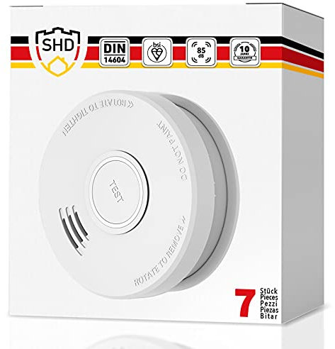 SHD Rauchmelder Set wechselbare Batterien (7X) - DIN EN14604 Geprüft & BSI-Zertifiziert, Brandmelder mit Stummschaltung & Selbsttest Funktion, Rauchmelder Magnethalter geeignet, Feuermelder DOF19