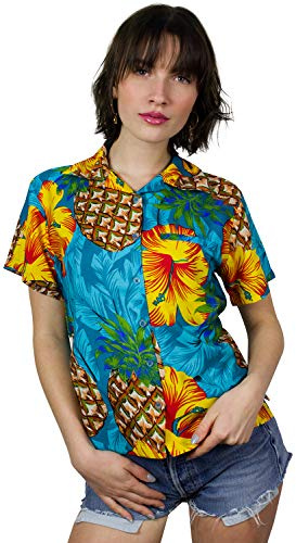 King Kameha Funky Hawaii-Bluse-Hemd, Damen, Kurzarm, Pineapple-Hibiscus, Türkis, XS