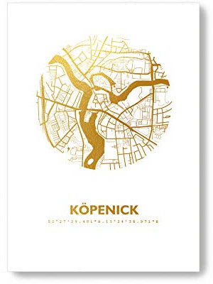 Köpenick Berlin Karte - Personaliserte Stadtplan Poster Rund in S/W Rose Gold Silber Kupfer - A4 A3 - Stilsichere Wandbilder Geschenke Arbeitszimmer Wohnzimmer Andenken Heimatstadt