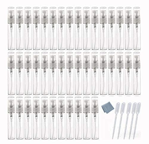 Elfenstall- 50pcs Mini 5ml Fine Mist Glass Refillable Perfume Empty Bottle Atomizer Pump Spray for Travel Party Glass Clean Cloth + Free 5PCS 3ML Dropper
