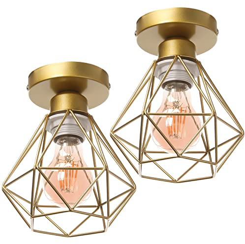 TOKIUS 2 Stück Retro Deckenlampen 16CM Vintage Deckenleuchte im Industrial Design Gold Lampenschirm E27 Lampe aus Eisen Käfig Pendelleuchte Deckenlampe für Flur, Schlafzimmer, Küche