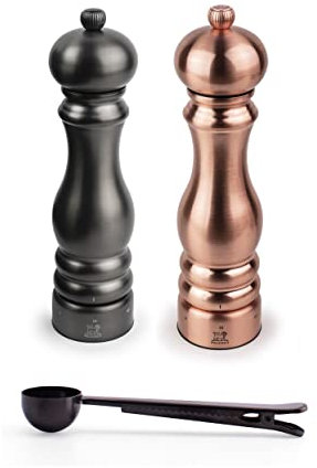 Peugeot Paris Chef Carbone u'Select Stainless Steel 22cm 9 inch Carbon Finish Pepper Mill w/ Copper Salt Mill- With Stainless Steel Spice Scoop/Bag Clip
