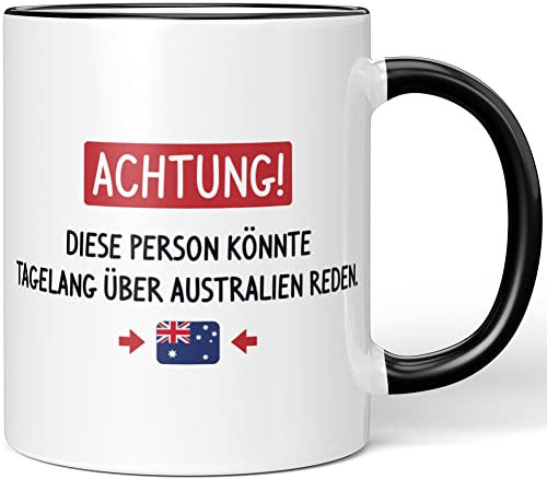 JUNIWORDS Tasse, Achtung! Diese Person könnte tagelang über Australien reden, Schwarz (1006140)