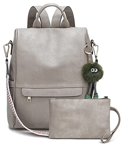 Love Deliver Rucksack für Damen, Leder, modische Designer-Schultertaschen, Reiserucksäcke mit Armbändern, 4-1, zweifarbig, Grau, Medium, Rucksack für Damen