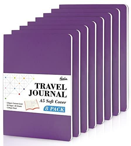 feela 8 Pack Soft Cover Notebooks A5, 92 Lined Pages, 80 GSM, Dark Purple | College Ruled Exercise Notebooks for School Office Travel, Note Taking, Journal Notepads for Students Adults Women Men