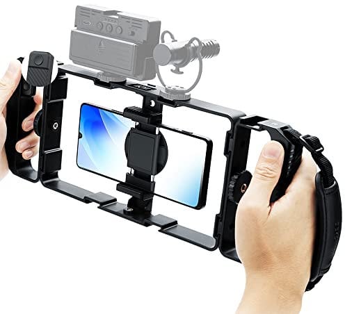 JJC Smartphone Video Rig Fernbedienungs Set mit 6 Kaltschuh Halterungen für iPhone 16 15 14 13 12 11 Pro Max Huawei Samsung Handy Video Halterung Stabilisator Filmemacher Käfig