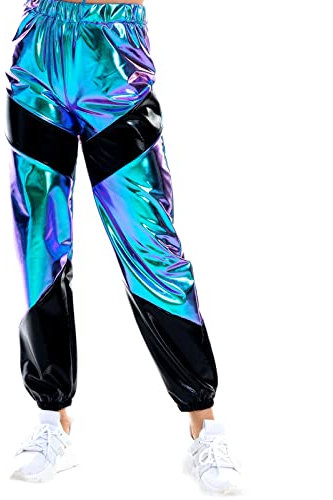 Damen Metallic Glänzed Hose Elastischer Sporthose Locker Holographische Sweathose Jogginghose Hologram Laser Baggyhose Disco Clubwear Hip Hop Punk Jogger Sweatpants Streetwear Laser Blau +Schwarz XL
