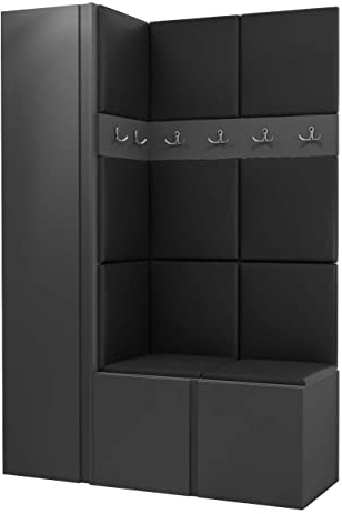 Mirjan24 Garderoben-Set Monati IX, Kleiderschrank, Schuhschrank mit 6 Fächer, 2X Kleiderhakenbrett, Gepolstertes Paneel/Wandpaneel, 8 Doppelhaken, Flurgarderobe, Wandgarderobe (Graphit, Soft 011)