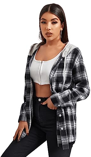 GORGLITTER Damen Kariertes Hemd Blusen mit Kapuze Karo Muster Overshirt Plaid Boyfriend Hemdbluse Karohemd Button-down Langarm Blusenshirt Schwarz und Weiß S