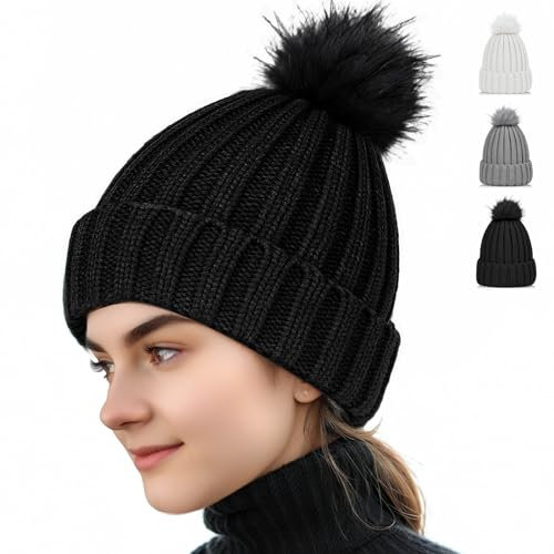 AURUZA Winter Beanie Hüte Damen, Weiche Beanie warmem gefütterte Mode Warme Chunky Stretch Hüte, Dicke gestrickte Skimütze Warme Hut für kaltes Wetter Outdoor Aktivitäten Camping Wandern Schwarz