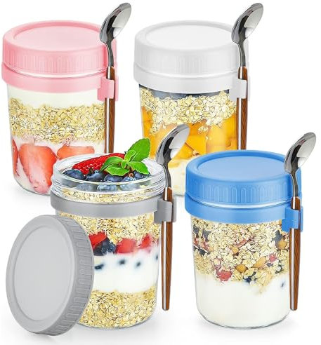 VITEVER 4Pack 350ml Overnighter Oats Gläser mit Löffel, Einmachgläser mit Schraubdeckel für Salat Joghurt Pudding Chutney Marmelade,wiederverwendbare Müslibecher als Mason Jar