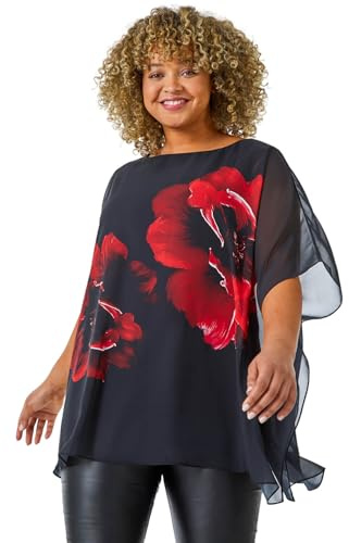 Roman Originals Overlay Top for Women UK - Ladies Summer Blouse Spring Everyday Holiday Autumn Work Winter Round Neckline Comfy Pull-On Soft Vacation 3/4 Length Sleeves - Red Noir Plus - Size 20